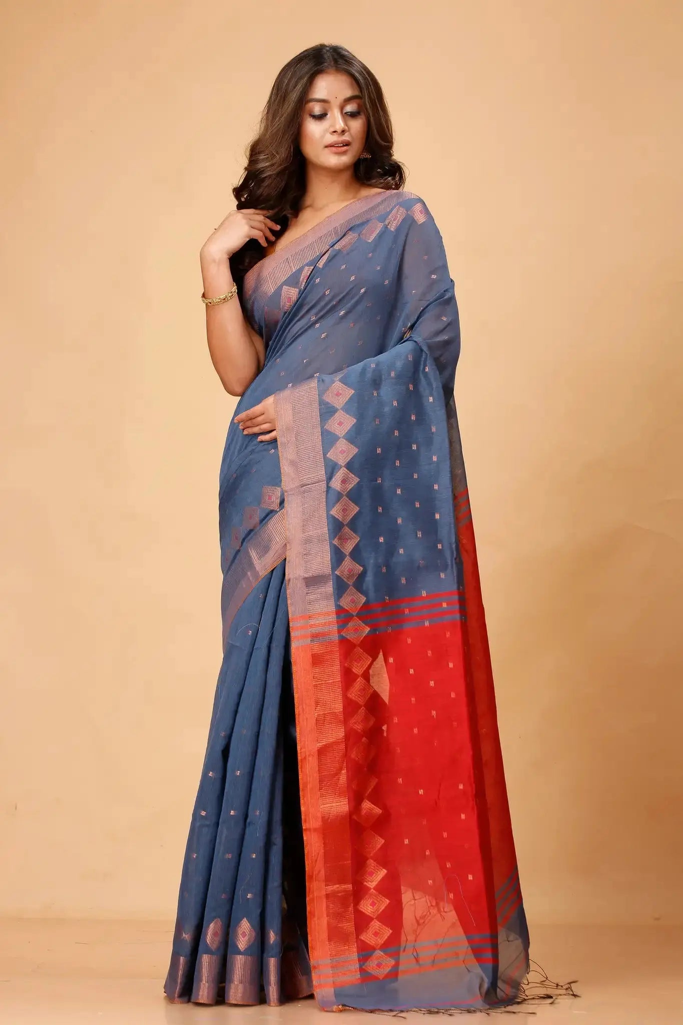 Tealish Blue With Lava Red Border- Bellu Cotton Handloom Fancy Saree - Grivana