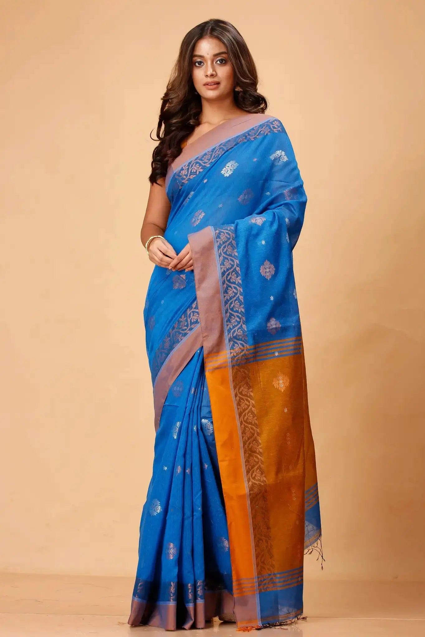 Peacock Blue & Red Peach- Bellu Cotton Handloom Fancy Soft Artisan Weave Saree - Grivana