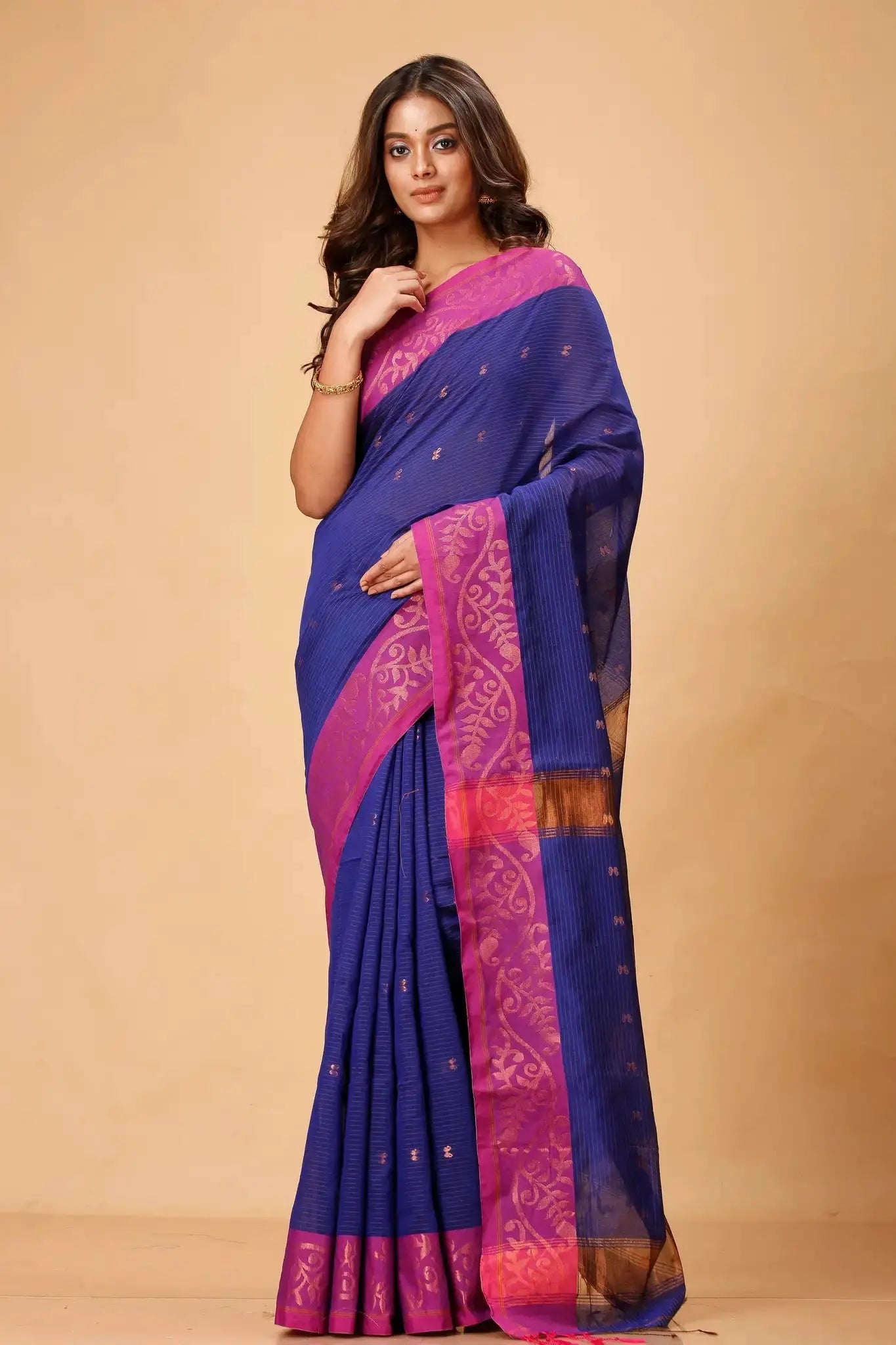 Dark Indigo- Bellu Cotton Handloom Saree With Pink Woven Border & Blouse Piece - Grivana
