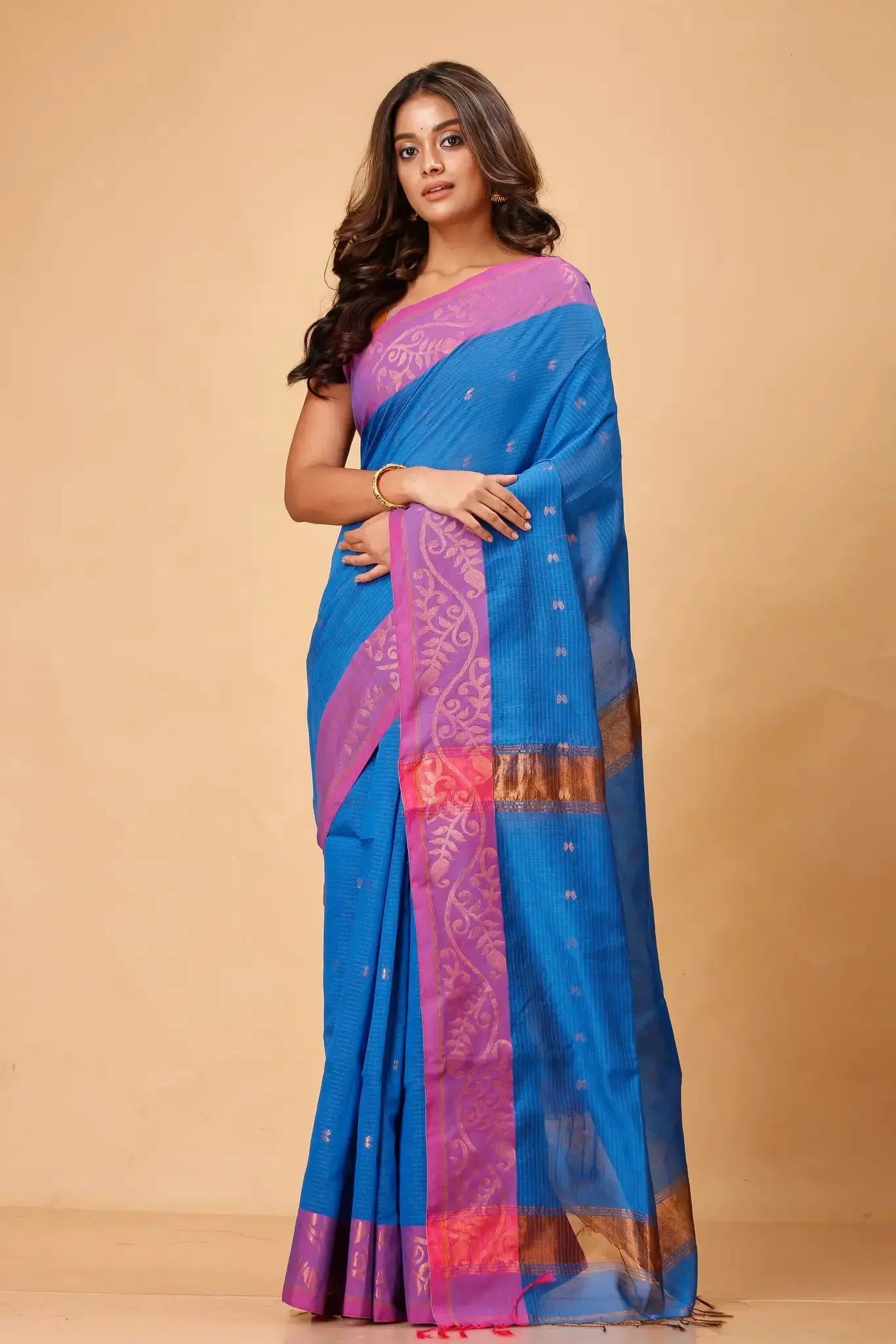 Peacock Blue- Bellu Cotton Handloom Traditional Motifs Saree With Blouse - Grivana