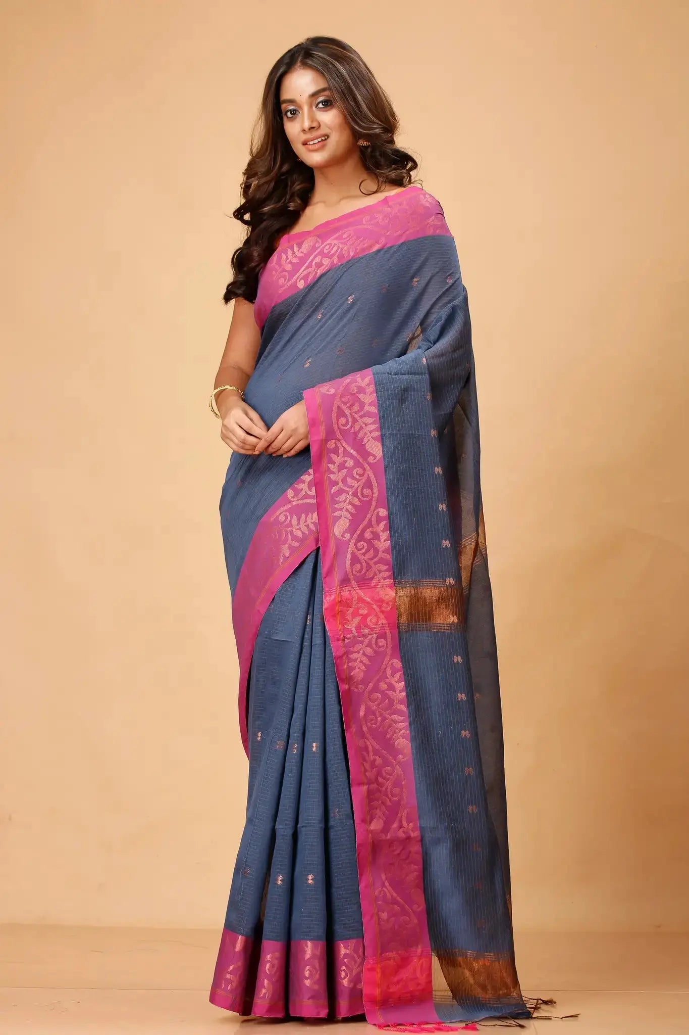 Tealish Blue- Bellu Cotton Handloom Pink Woven Border Saree With Blouse - Grivana