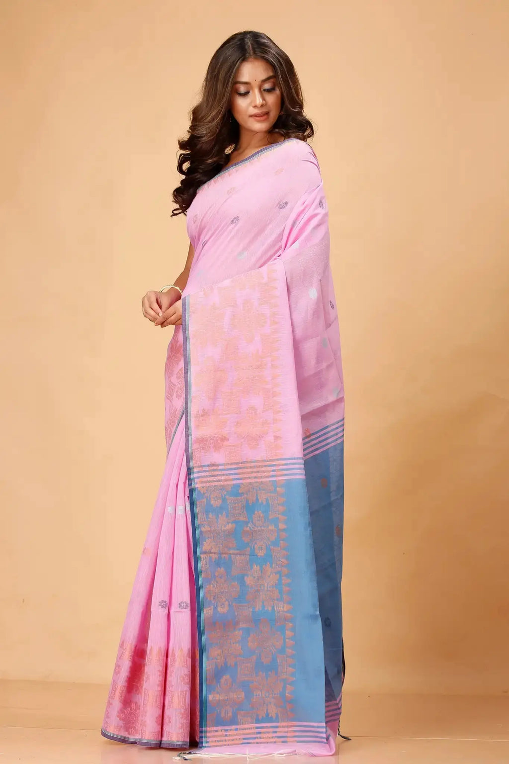 Pastel Pink- Bellu Cotton Handloom Fancy Saree With Faded Blue Pallu - Grivana