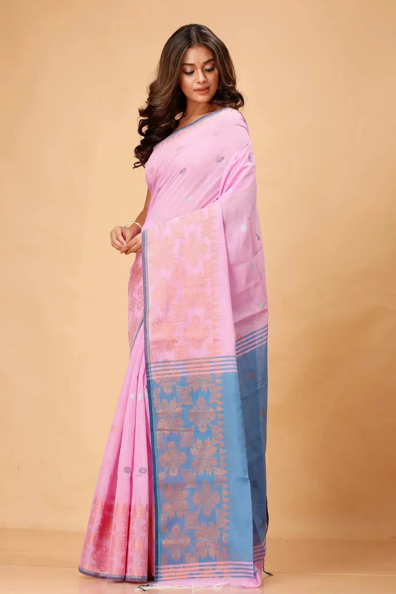Pastel Pink- Bellu Cotton Handloom Fancy Saree With Faded Blue Pallu - Grivana