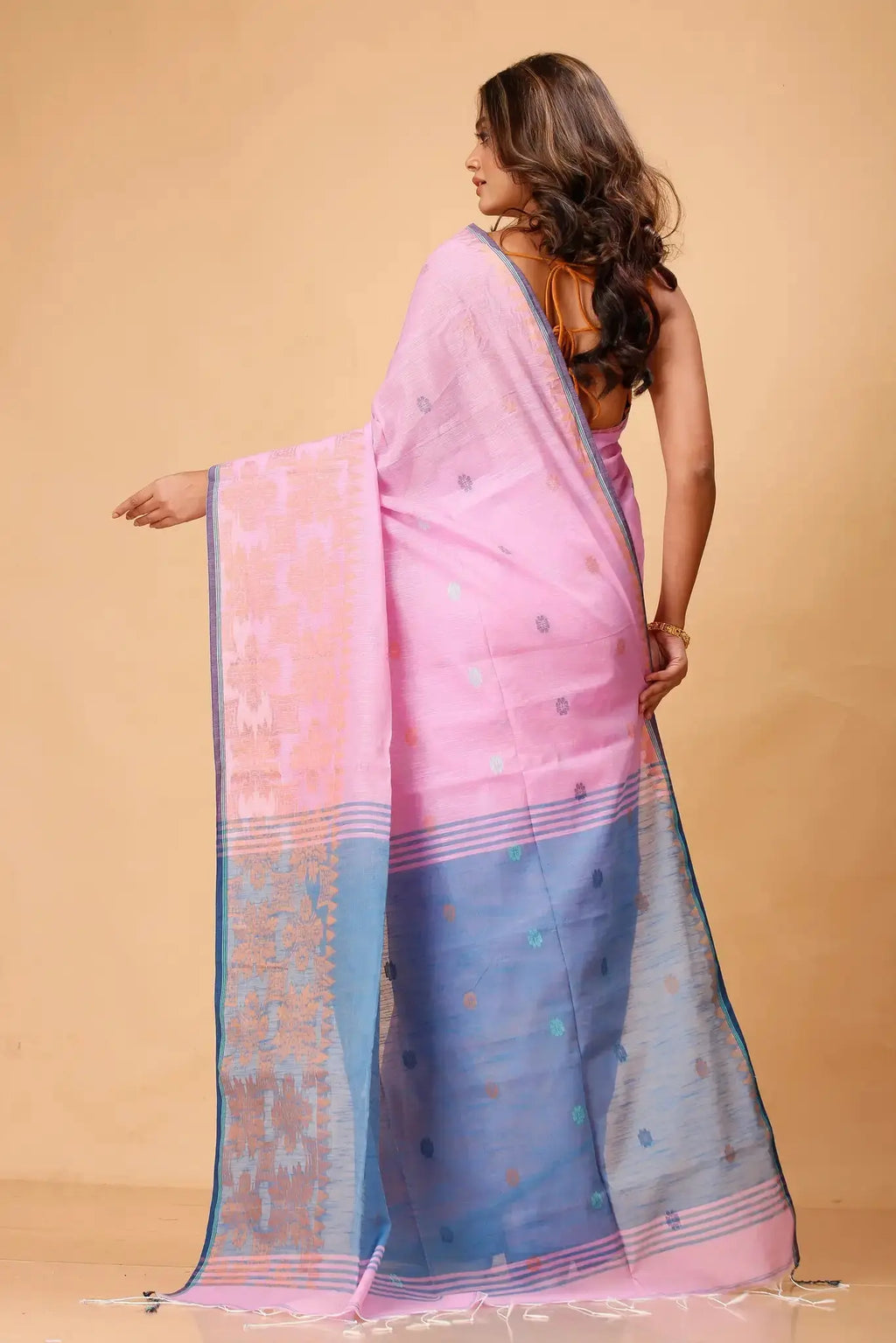 Pastel Pink- Bellu Cotton Handloom Fancy Saree With Faded Blue Pallu - Grivana