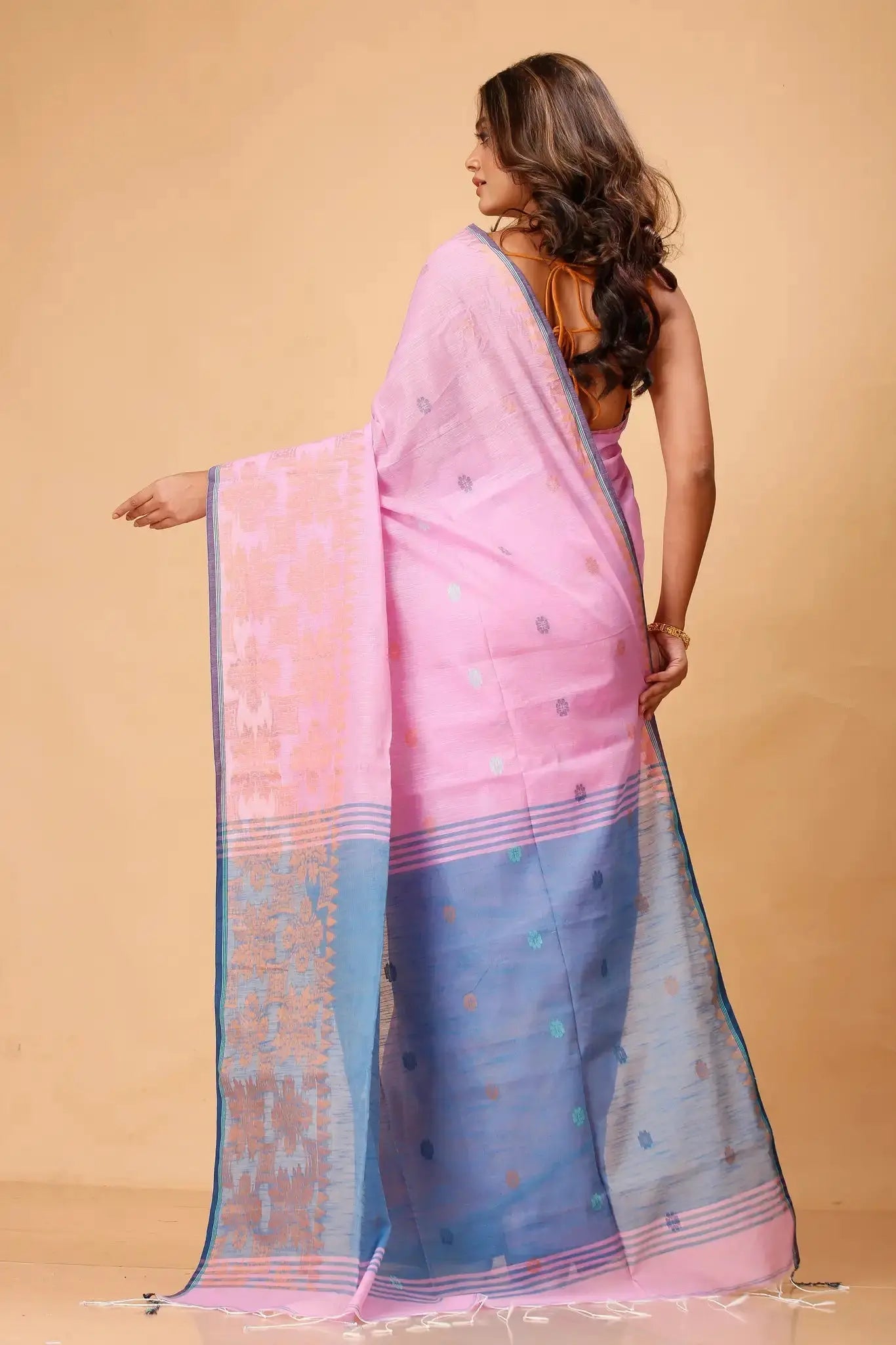 Pastel Pink- Bellu Cotton Handloom Fancy Saree With Faded Blue Pallu - Grivana