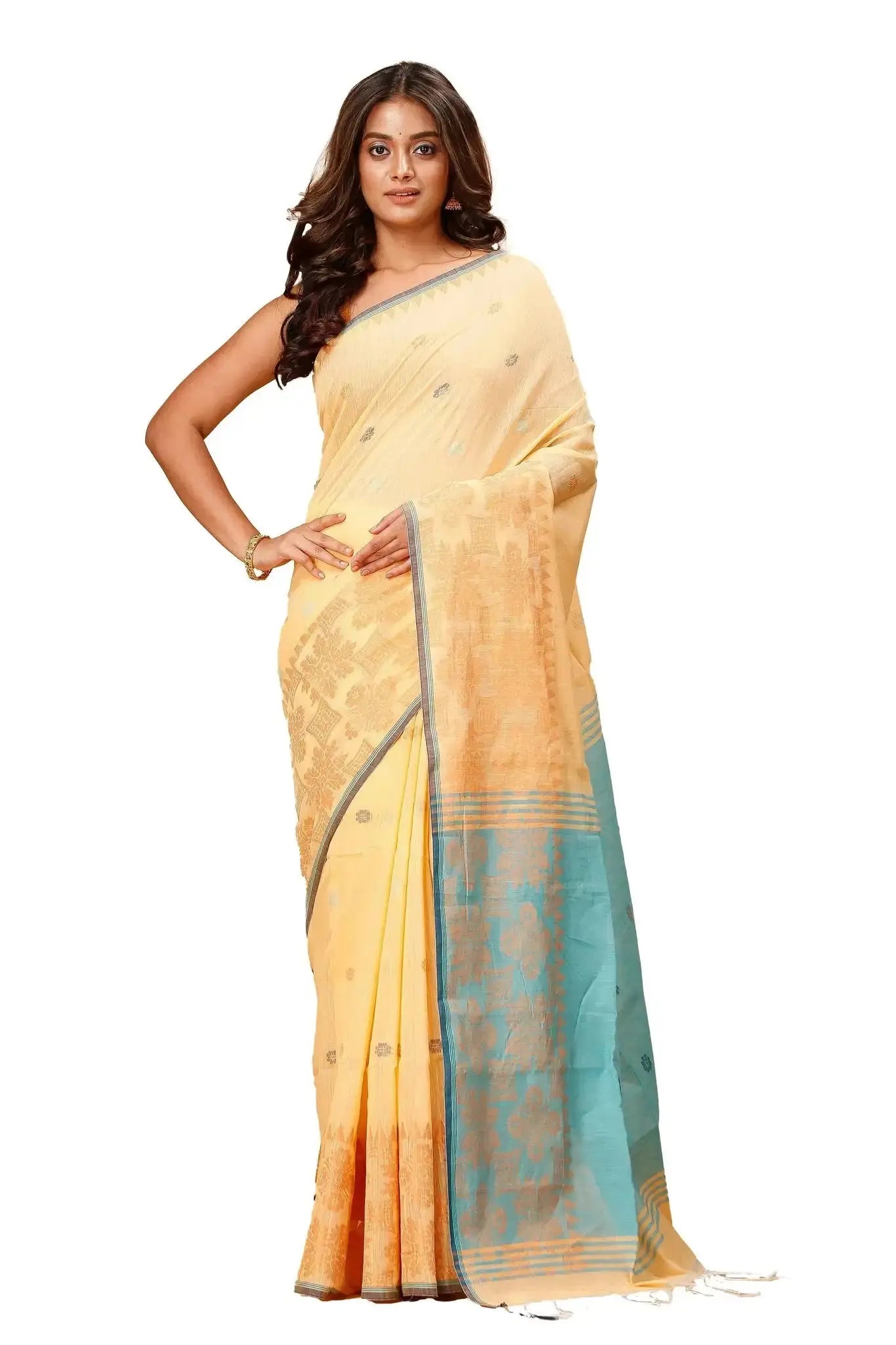 Deep Peach- Bellu Cotton Handloom Fancy Saree With Sea Green Contrast Pallu