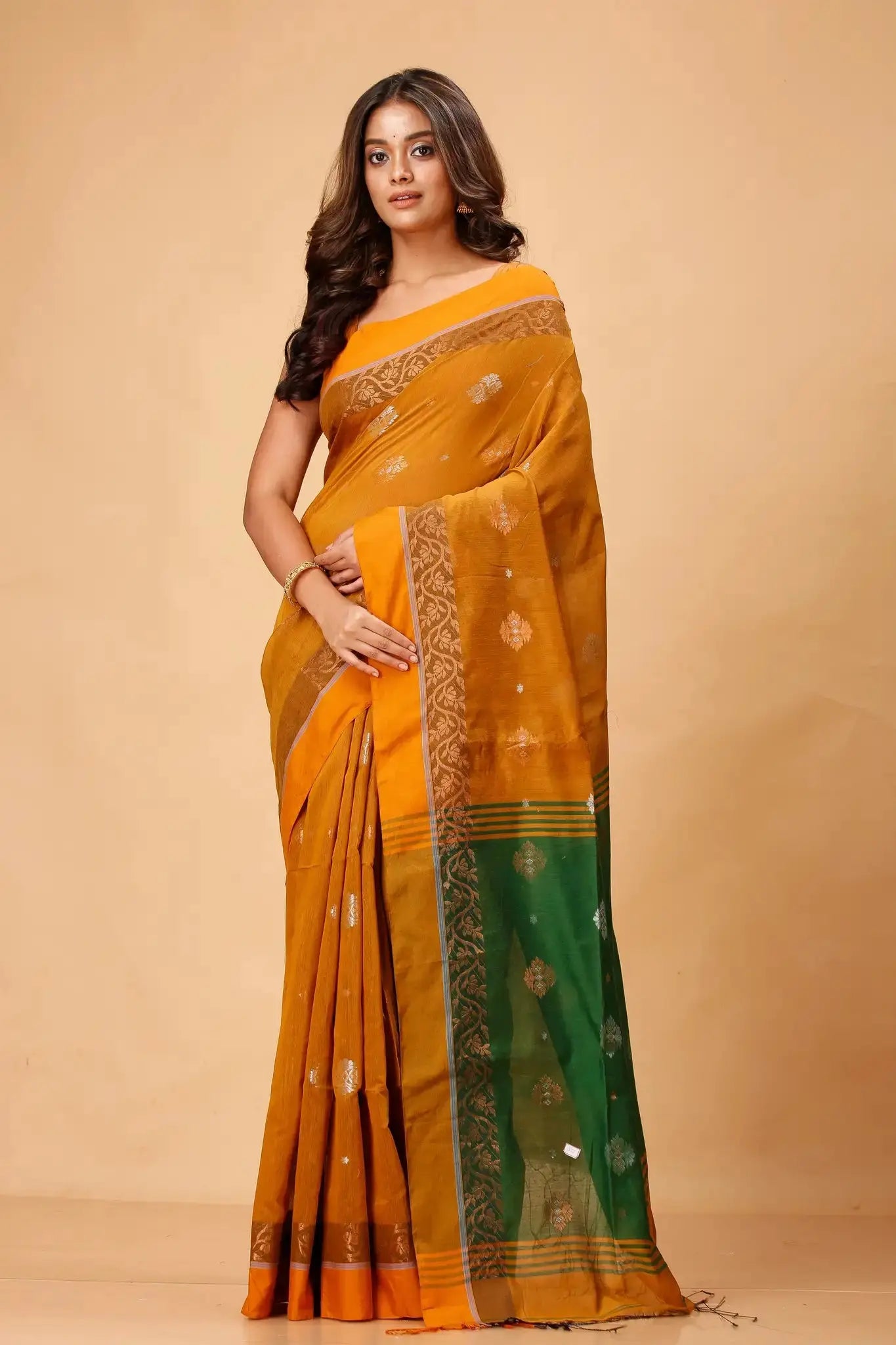 Rusty Orange & Evergreen- Bellu Cotton Handloom Fancy Elegant Border Saree - Grivana