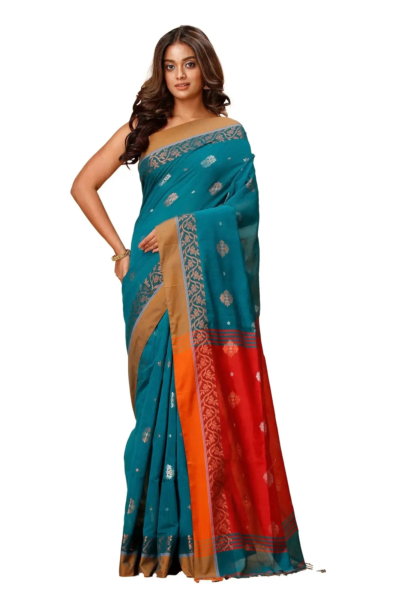 Deep Sea Green & Red- Bellu Cotton Handloom Fancy Handwoven Saree With Contrast Pallu - Grivana