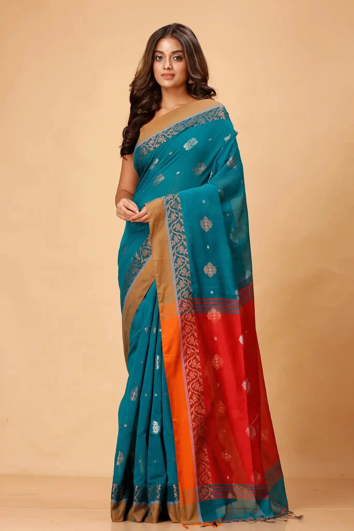 Deep Sea Green & Red- Bellu Cotton Handloom Fancy Handwoven Saree With Contrast Pallu - Grivana