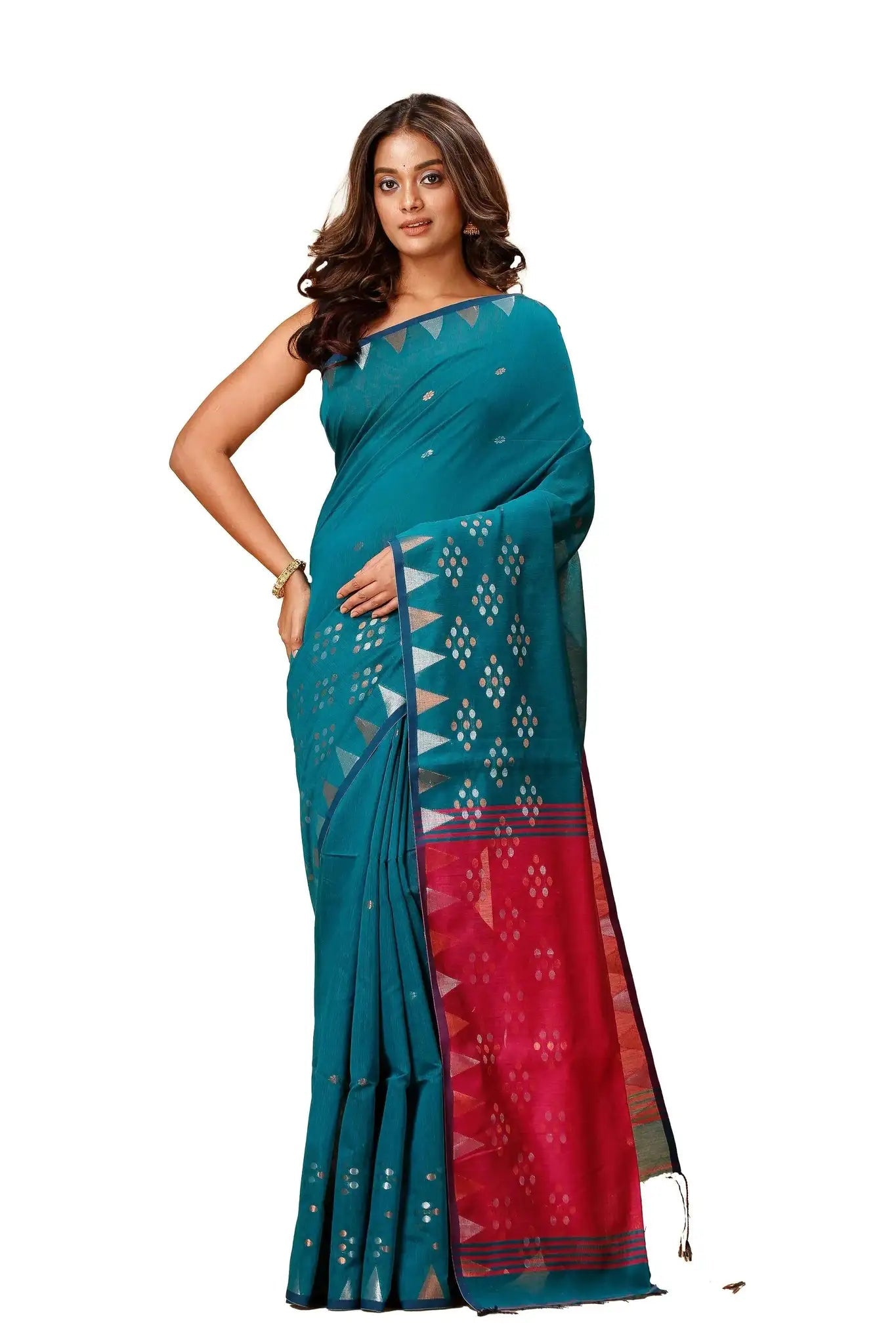 Bellu Cotton Fancy Saree- Deep Sea Green Traditional Geometric Pattern Weave