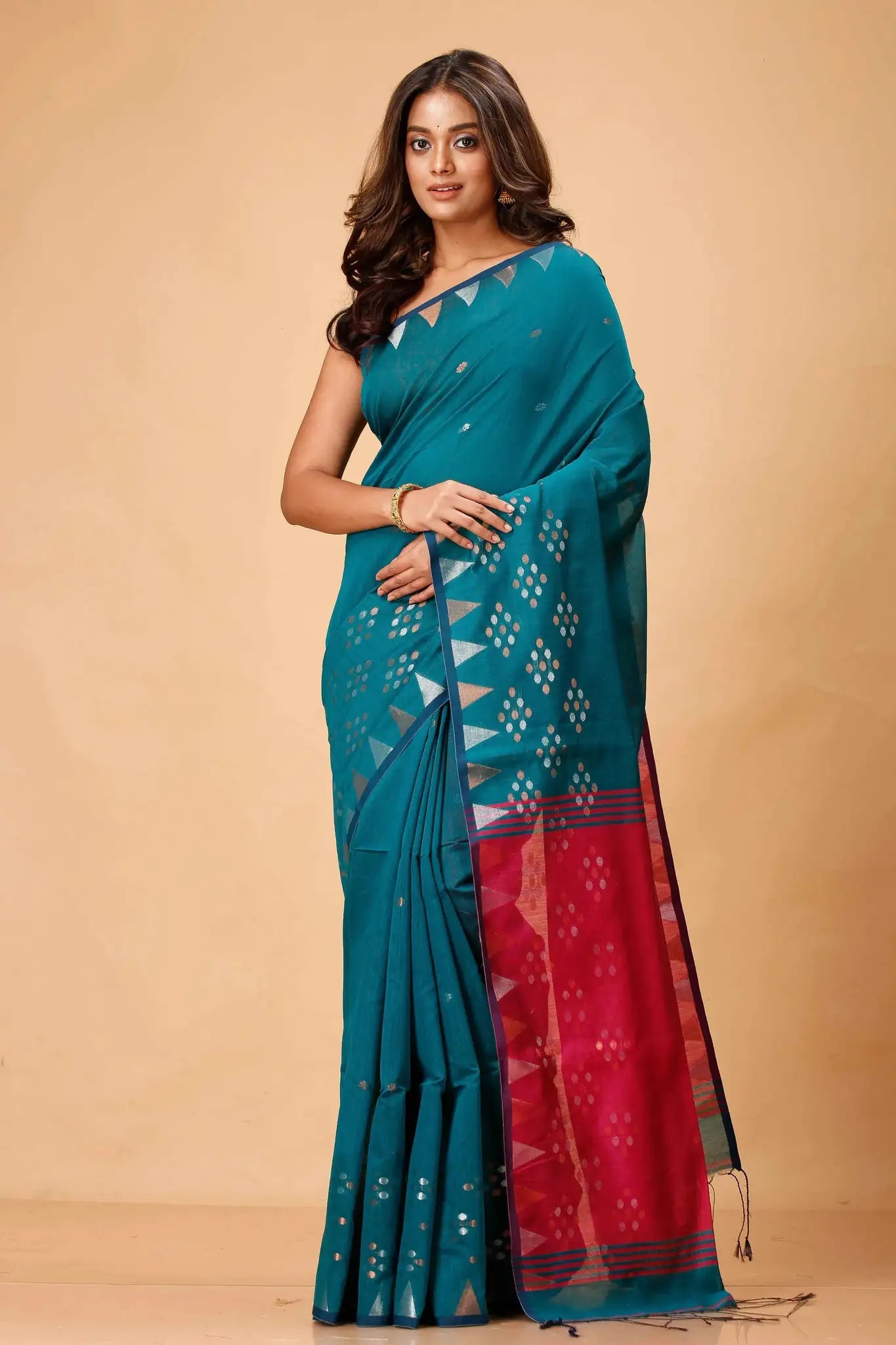 Bellu Cotton Fancy Saree- Deep Sea Green Traditional Geometric Pattern Weave