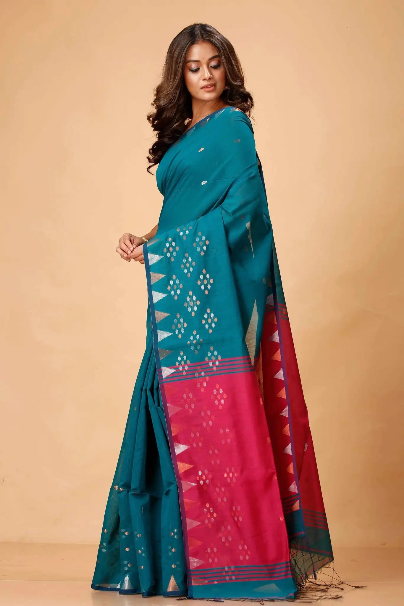 Bellu Cotton Fancy Saree- Deep Sea Green Traditional Geometric Pattern Weave