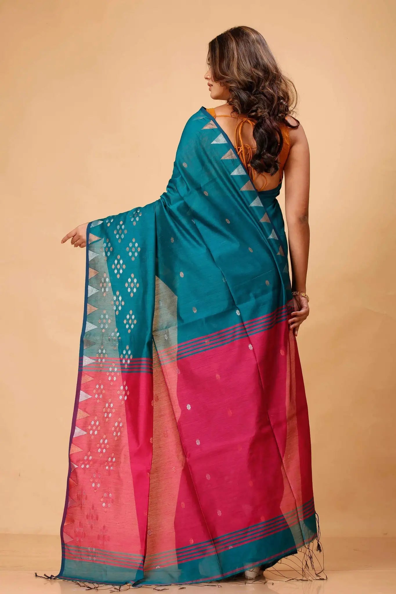 Bellu Cotton Fancy Saree- Deep Sea Green Traditional Geometric Pattern Weave