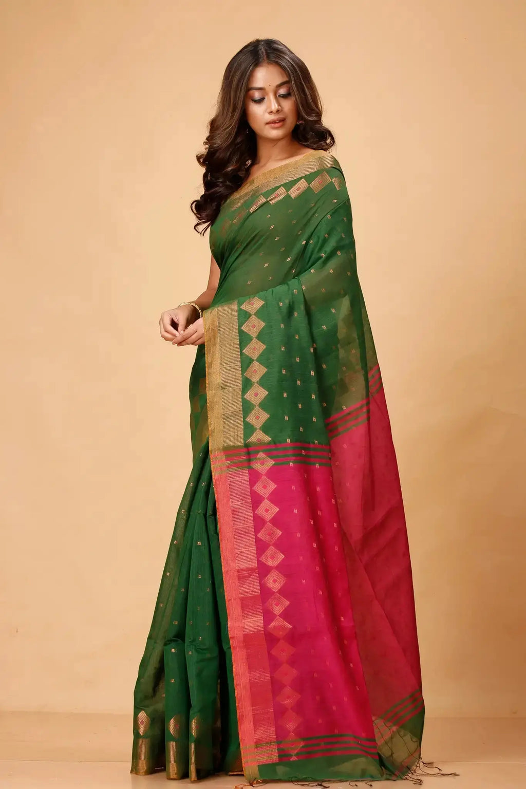 Olive Green With Pinkish Red Border- Bellu Cotton Handloom Fancy Indian Saree - Grivana