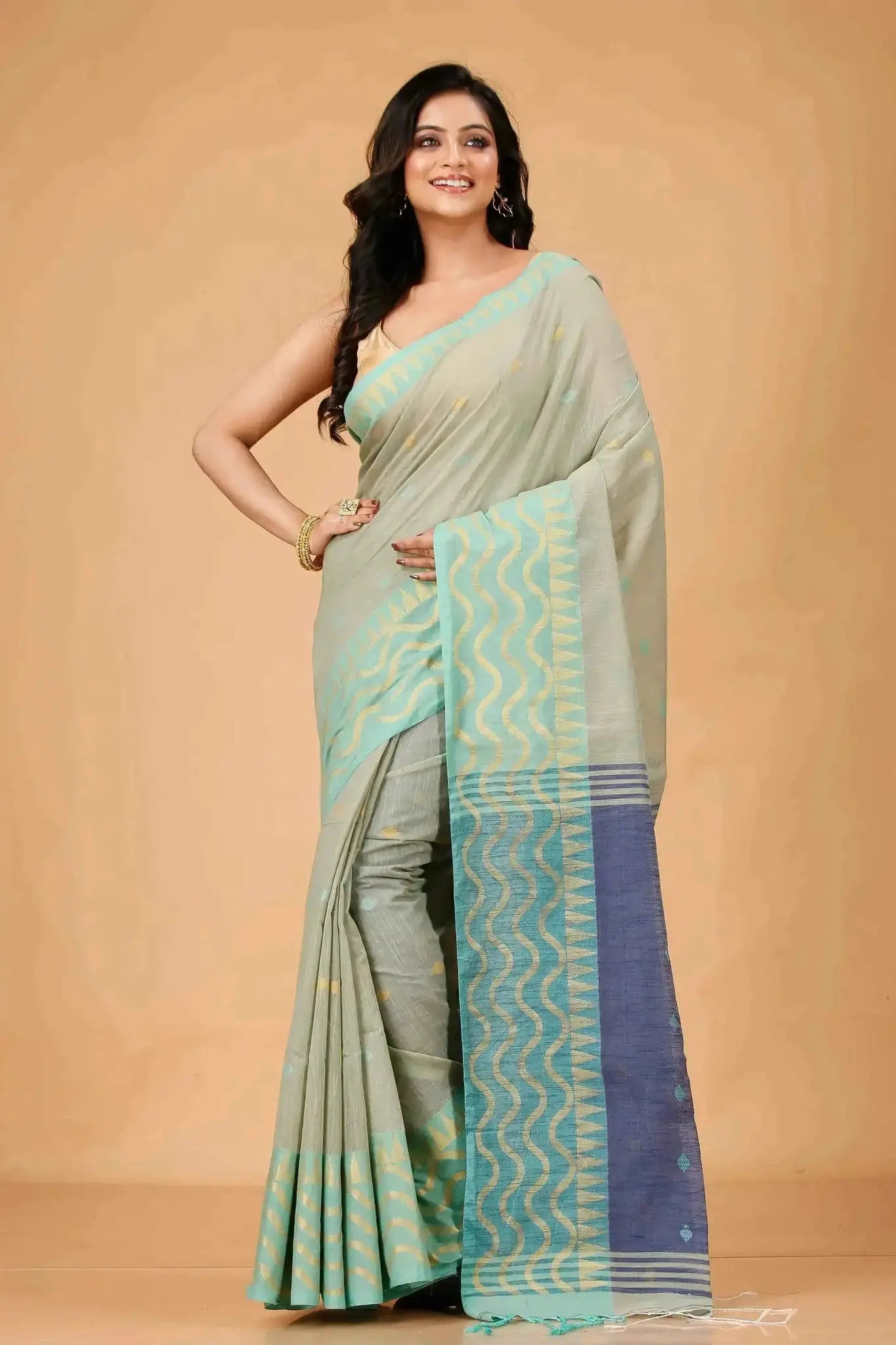 Bellu Cotton Saree – Fancy Mix Design with Blouse Piece Mist Blue