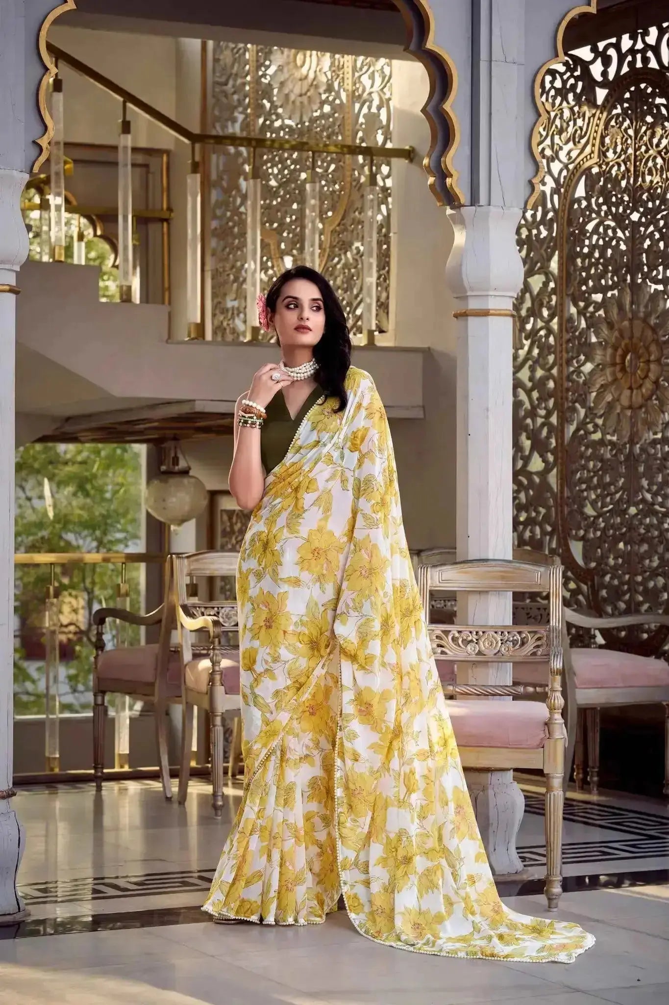 Floral Print Pearl Lace Border Saree – Weightless Marbal Fabric Dawn Pink