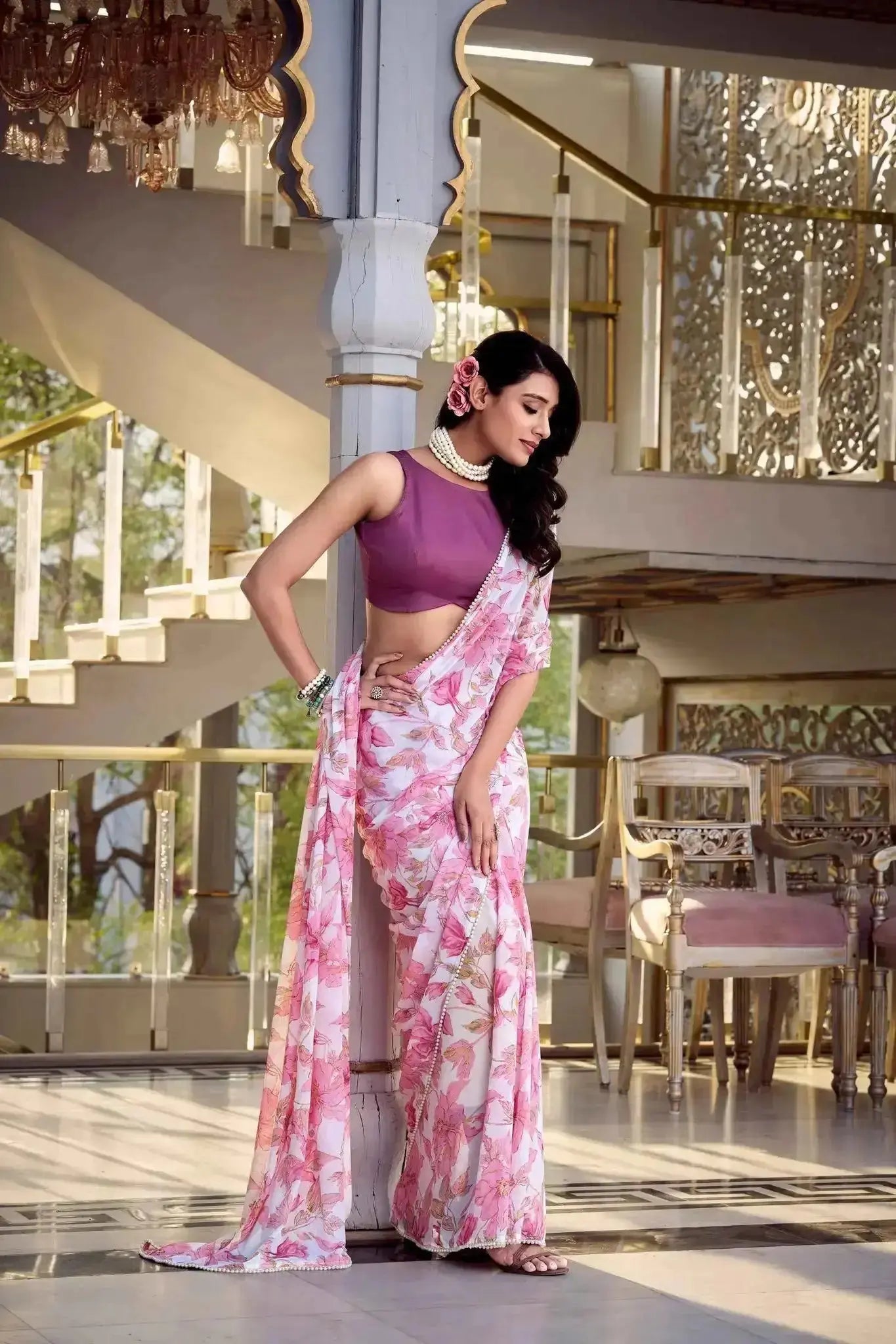 Floral Print Pearl Lace Border Saree – Weightless Marbal Fabric Dawn Pink