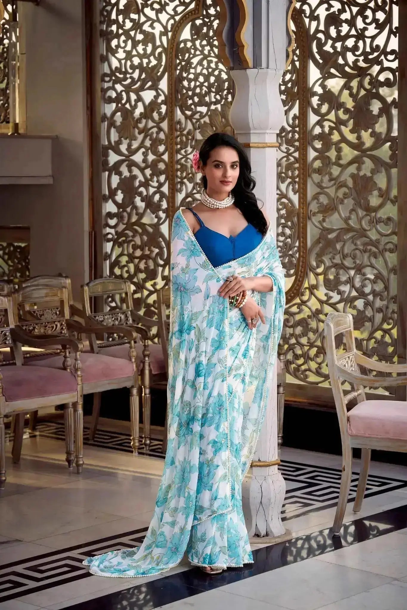 Floral Print Pearl Lace Border Saree – Weightless Marbal Fabric Dawn Pink