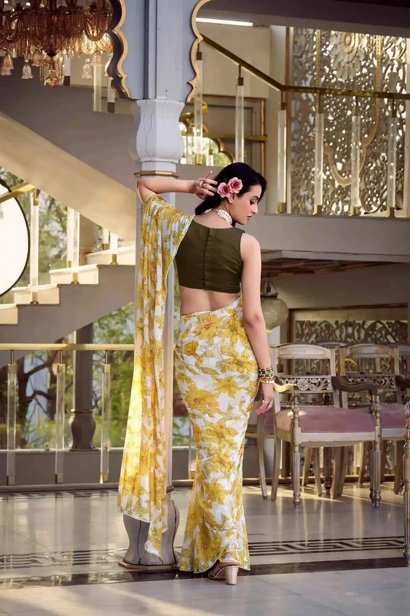 Floral Print Pearl Lace Border Saree – Weightless Marbal Fabric Tealish Blue