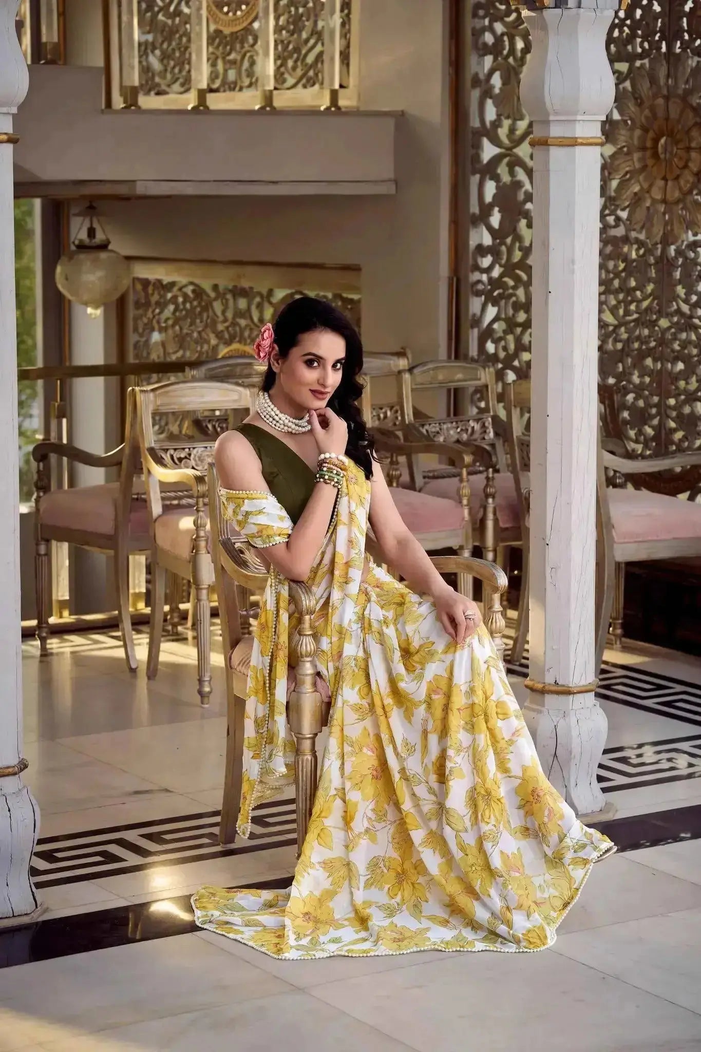 Floral Print Pearl Lace Border Saree – Weightless Marbal Fabric Dawn Pink