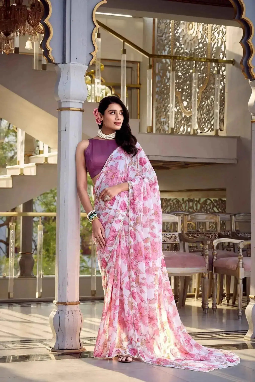 Floral Print Pearl Lace Border Saree – Weightless Marbal Fabric Dawn Pink