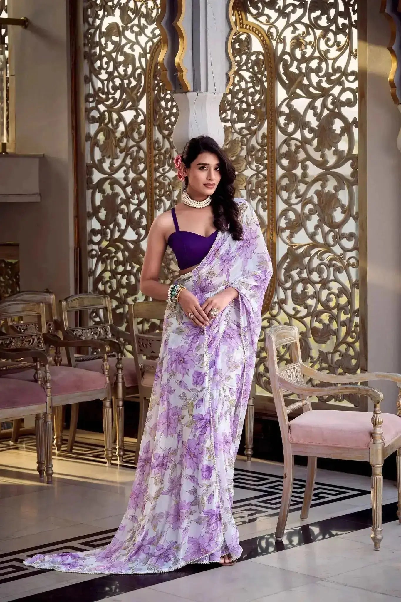 Floral Print Pearl Lace Border Saree – Weightless Marbal Fabric Dawn Pink