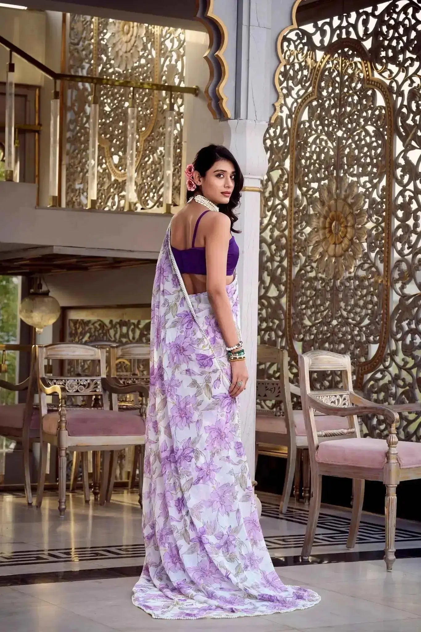 Floral Print Pearl Lace Border Saree – Weightless Marbal Fabric Dawn Pink