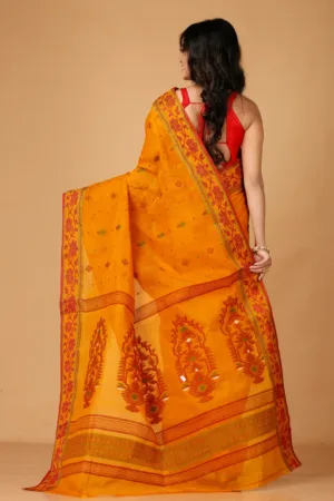 Back Drape of Mango Pure Cotton Bengal Saree | Grivana Handloom Collection