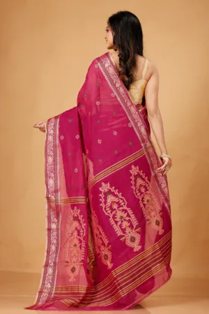 Back Drape of Rose Red Pure Cotton Bengal Saree | Grivana Handloom Collection