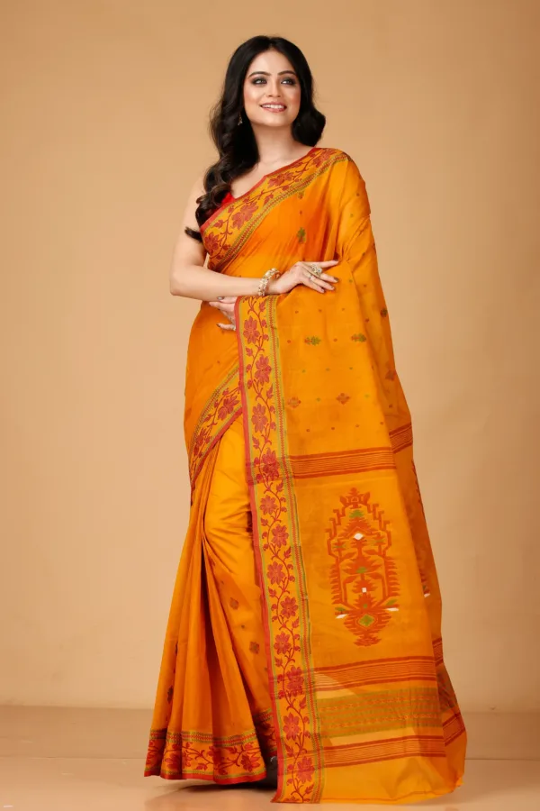 Bengal Handloom Cotton Saree in Orange – Front View Draped on Model | Grivana