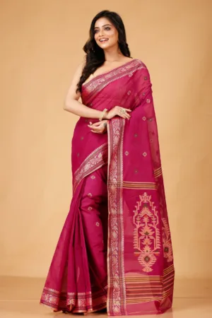 Bengal Handloom Cotton Saree in Rose Red – Front View Draped on Model | Grivana