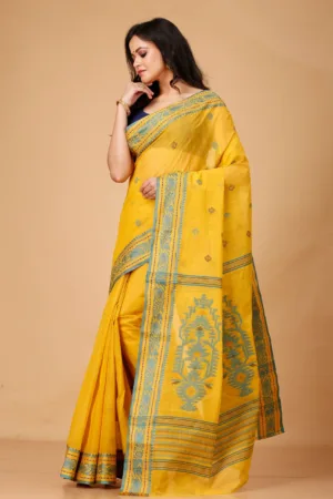 Side View of Golden Bengal Handloom Cotton Saree with Detailed Border | Grivana