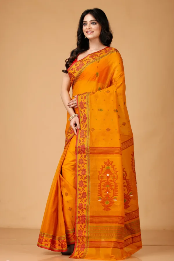 Side View of Orange Bengal Handloom Cotton Saree with Detailed Border | Grivana