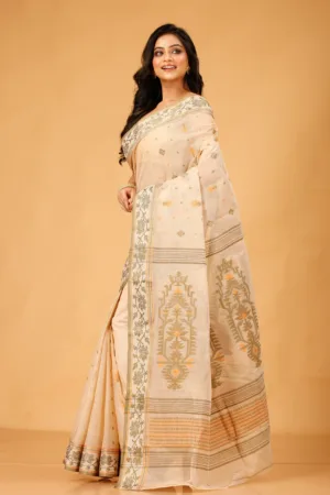 Side View of Rose Gold Bengal Handloom Cotton Saree with Detailed Border | Grivana